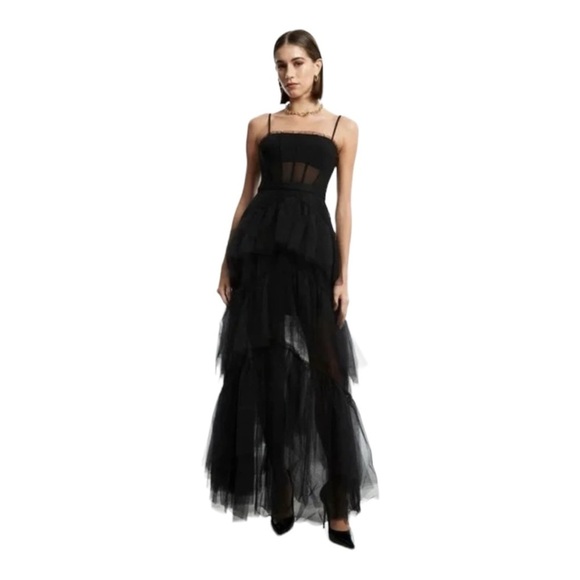 BCBGMaxAzria Black Corset Tulle Tiered Ruffle Formal Maxi Gown Size US 6 NWT - Picture 7 of 13